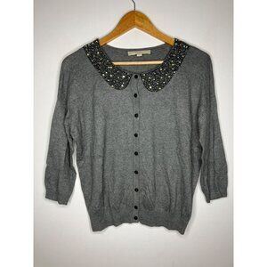 Ann Taylor Loft Gray Beaded Collar Button-Up Cardigan Sweater Womens Small